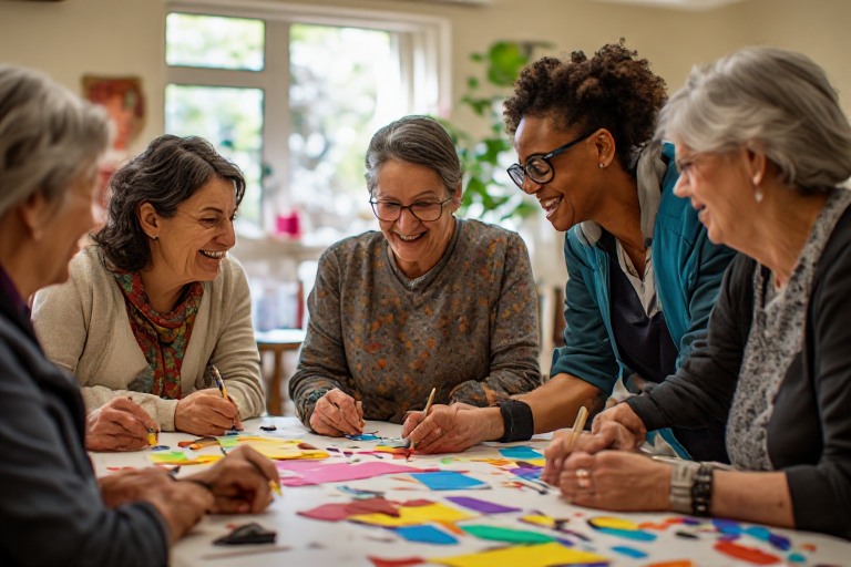 Adults and support workers taking part in an art activity together