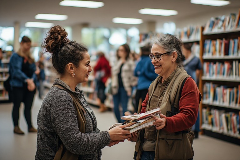 A support worker and an adult sharing a community outing at a library