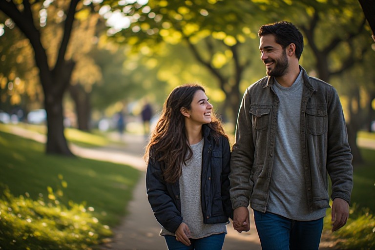 A caregiver and an adult family member walking together in a park