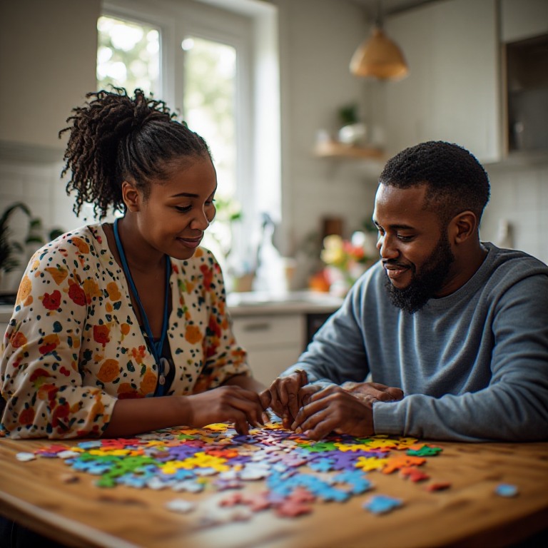 A support worker and an adult working on a puzzle together at home