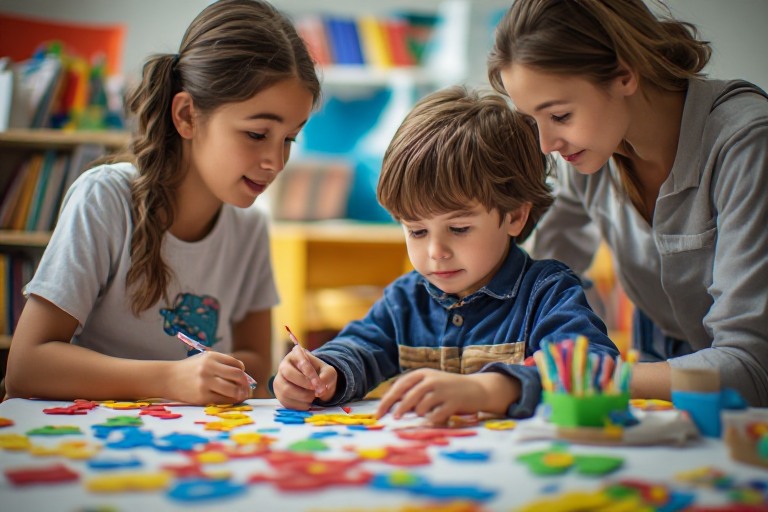 A student and learning support worker working together on a classroom activity